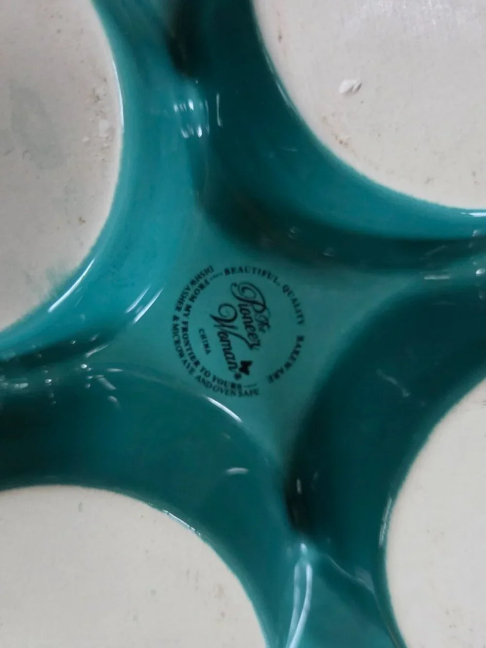 PIONEER WOMAN FLEA MARKET 6 CUP STONEWARE MUFFIN PAN IN TEAL WITH FLORAL